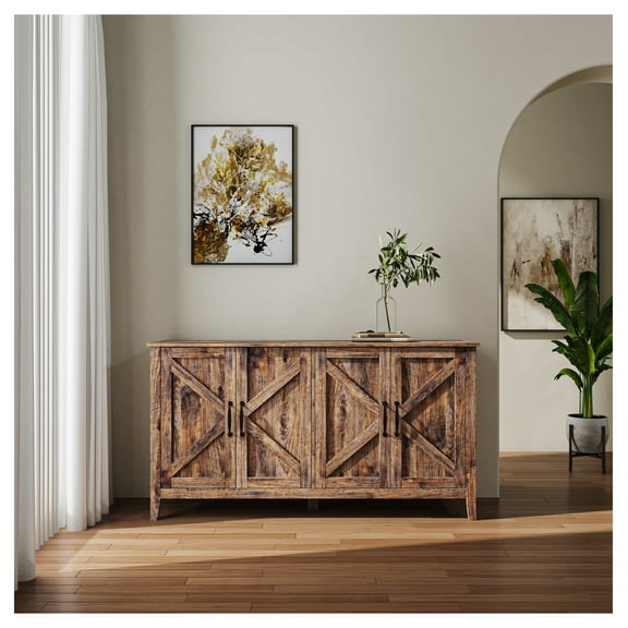 Modern Cabinet with 4 Doors & 4 Open Shelves, Freestanding Storage Sideboard for Living Room, Office, or Bedroom