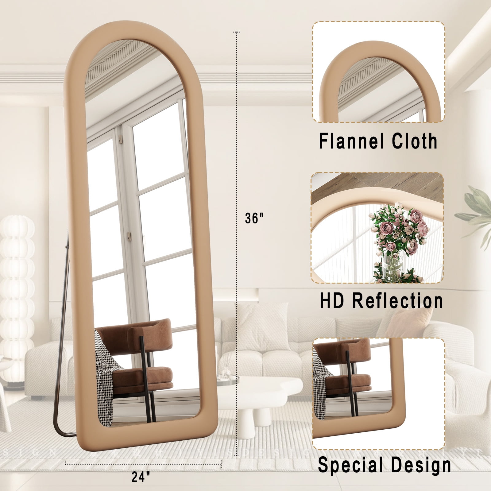 Anyrose 63"x24" Arch-Top Floor Mirror Round-Edge With Thick Flannel Frame, Light Brown