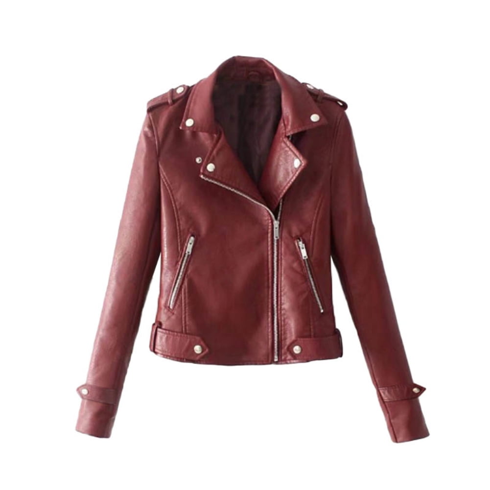 Hevirgo Solid Color Women Faux Leather Lapel Motorcycle Jacket Long Sleeve Zip Up Coat