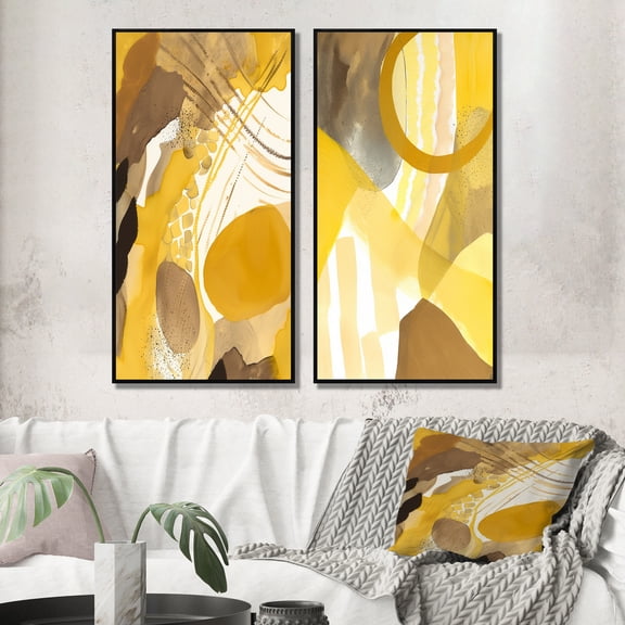 Designart "Retro Mustard Dreams Watercolor VII" Modern Midcentury Framed Wall Art Set Of 2 - Mid-Century Yellow Framed Canvas Set For Living Room Decor