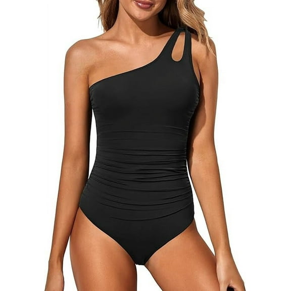 MORTTIC Women's Tummy Control One Piece Swimsuit, One Shoulder Full Coverage Bathing Suit,Black S