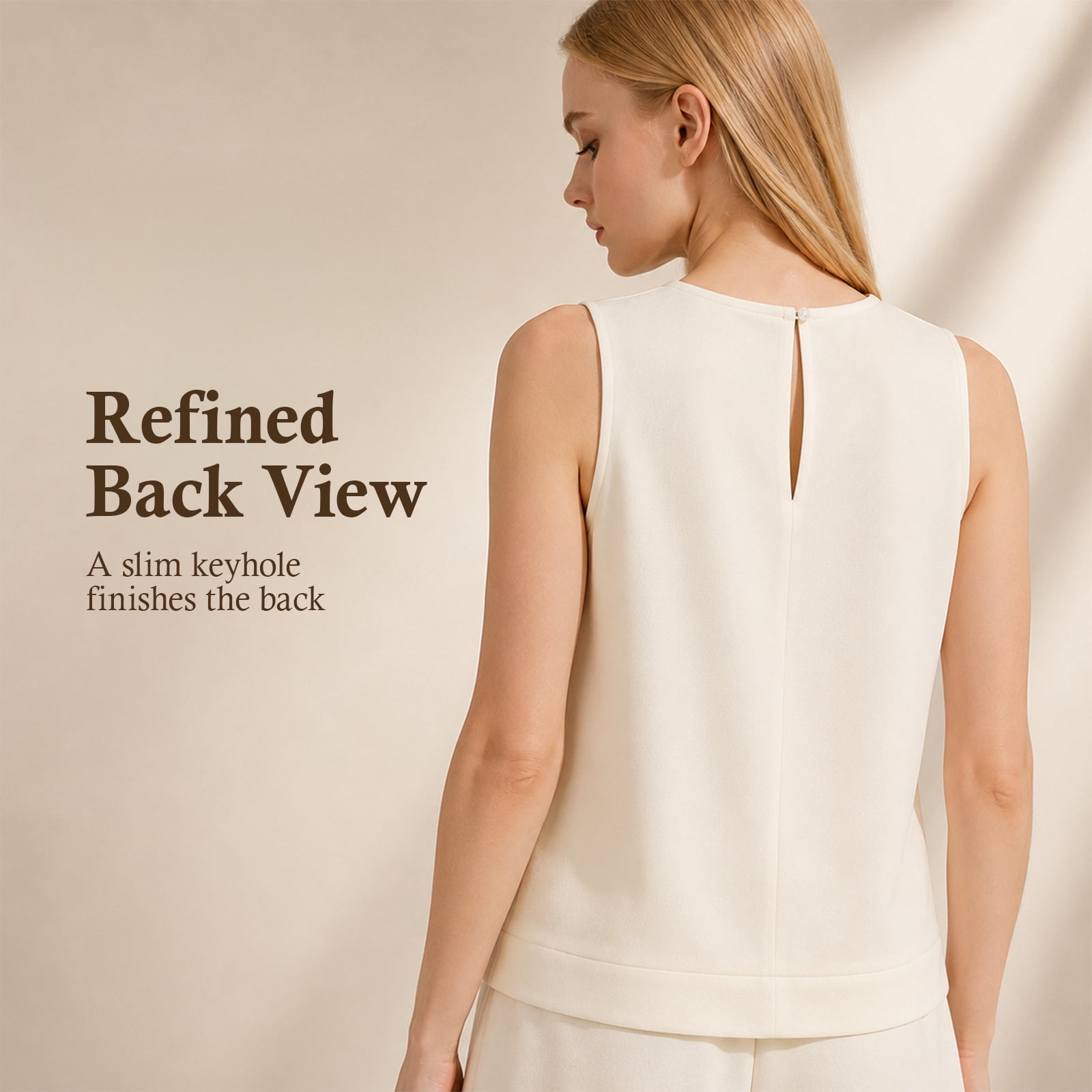 Alvantor Women's Sleeveless Blouse, Embellished Crew Neck Stretch Top with Keyhole Back, Ivory
