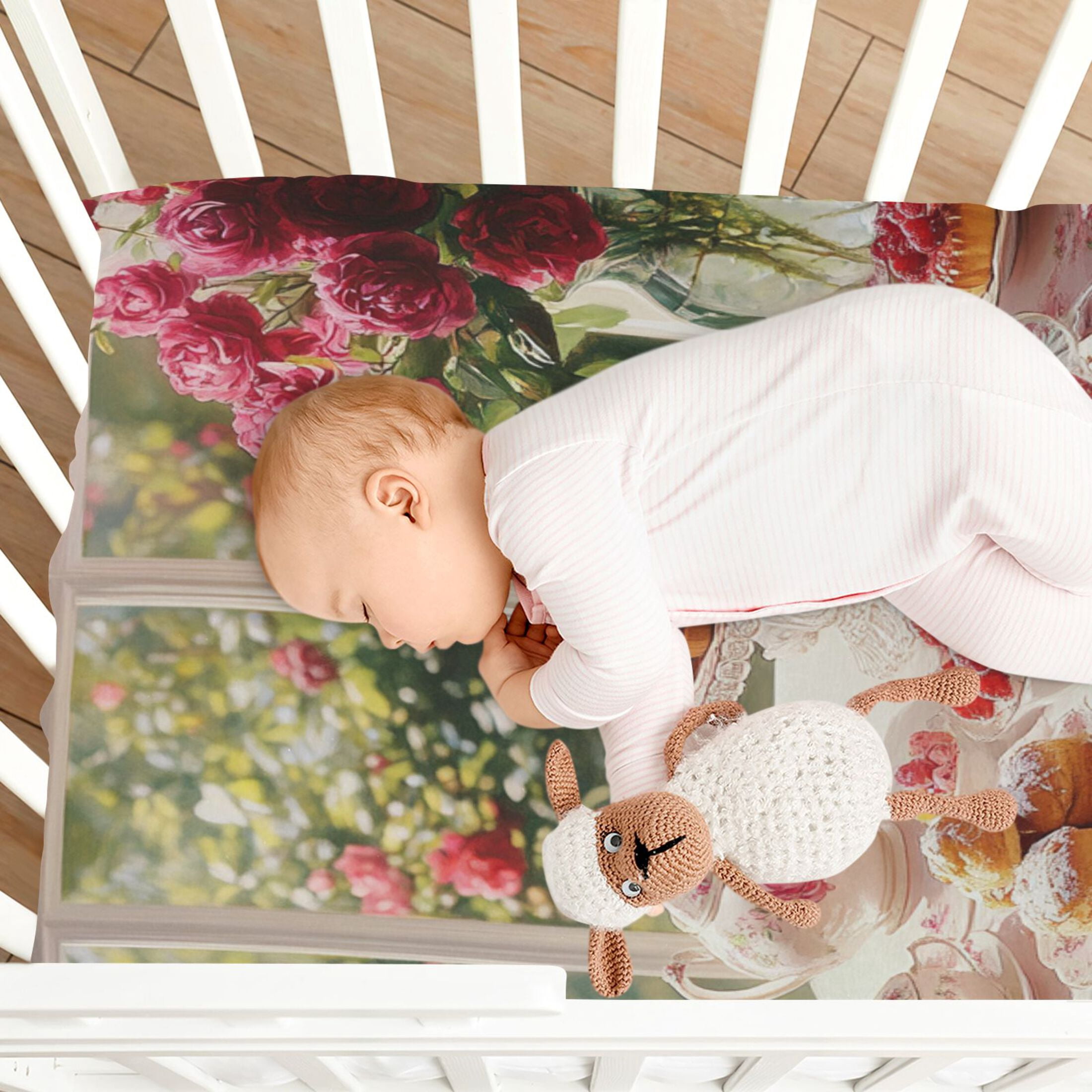 KUANGWANG Ultra Soft Fitted Microfiber Crib Sheets for Newborn Baby Boys Girls Tea Set with Cakes Roses Design Cute Pattern