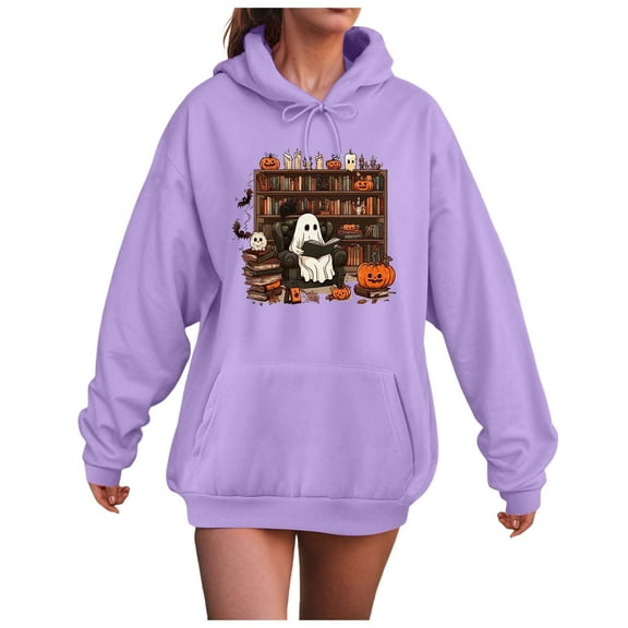 Kaprioy Womens Halloween Sweatshirt Ghosts Reading Books Graphic Long Sleeve Sweater Cute Spooky Bookish Hoodies Purple, XXL