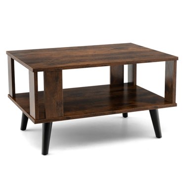 HOMCOM Rustic Brown Coffee Table with Shelf: Center Table with Steel Frame, Adjustable Foot Pads for Living Room