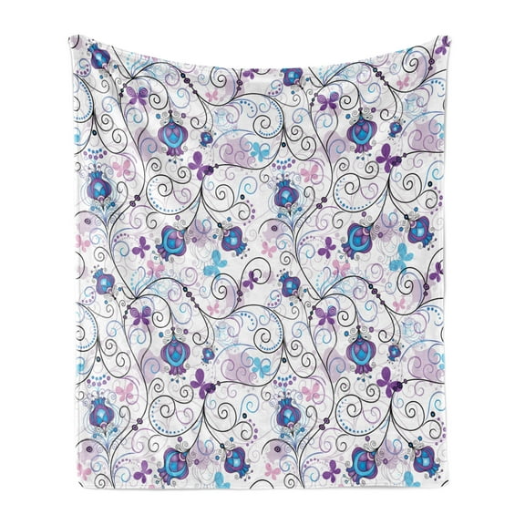 Floral Soft Flannel Fleece Throw Blanket, Abstract Dreamy Illustration of Flowers and Butterflies Swirling Design Branches, Cozy Plush for Indoor and Outdoor Use, 50" x 70", Multicolor, by Ambesonne