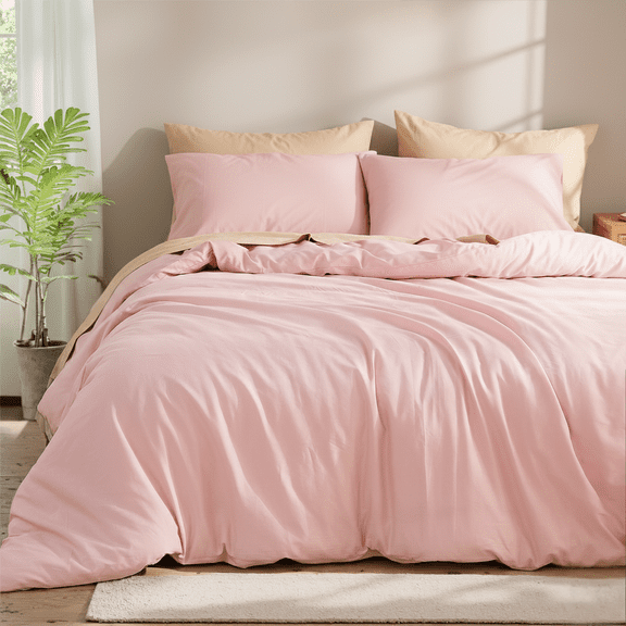 100% Cotton Comforter Set – Pink, Linen-Like Texture, Super Soft & Breathable Lightweight Bedding Set, 3-Piece Durable Percale Comforter for All Seasons