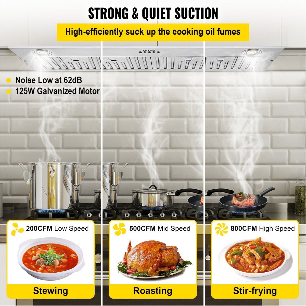 Insert Range Hood 800CFM 3 Speed 30 Inch Stainless Steel Built in Kitchen Vent with Push Button Control LED Lights Baffle Filters Ducted Ductless Convertible ETL Listed