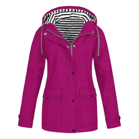 Patlollav Women Plus Size Solid Jackets OutdoorDrawstring Zipper Hooded Raincoat Windproof Coat With Pocket Patlollav Women Plus Size Solid Jackets OutdoorDrawstring Zipper Hooded Raincoat Windproof Coat With Pocket