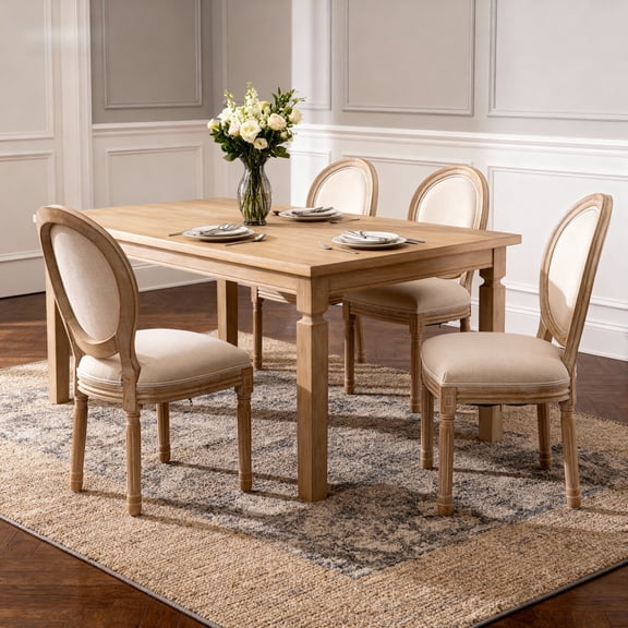 Noble House French Country Upholstered Dining Chair with Cushion Back and Solid Wood Base, Beige & Natural, Set of 2