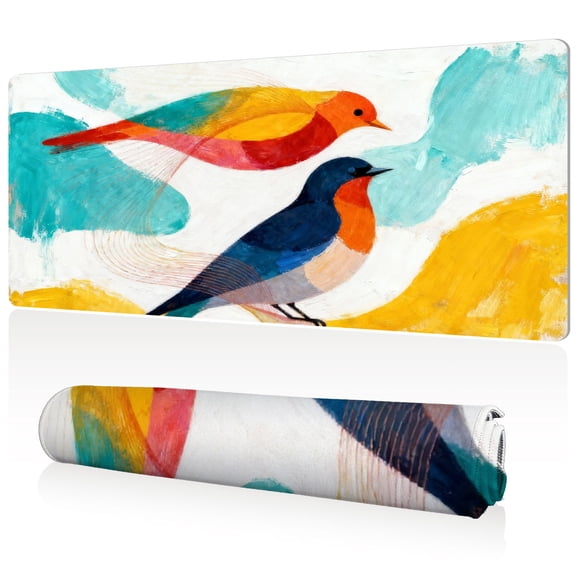 LIVEKEY Mouse Pad 80x40x0.3cm Full Desk Coverage Artistic Watercolor Blue Birds Design for Gaming and Office Desk with Sewn Edges