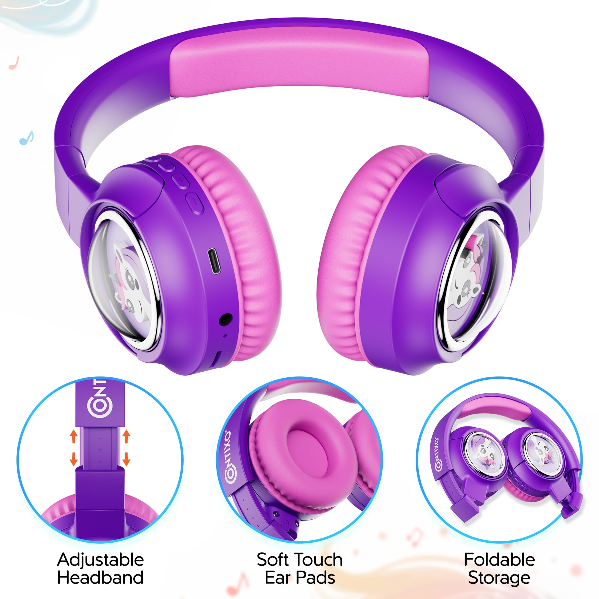 Contixo Foldable Kids Headphones with Microphone, Noise-Limiting Bluetooth Headphones, Purple