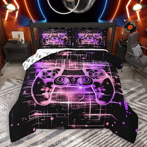 Homewish Chic Game Console Bedding Comforter Set, Pink Purple Cartoon Twin Comforter Sets, Teens Kids Boys Child Reversible Bedding Set, Breathable Home Decor, 2-Piece