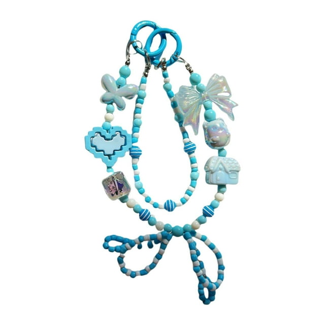 Llavero con cuentas, pulsera, abalorios para teléfono, decoración de corazón y lazo, llavero para coche, llavero para niños, regalo de recuerdo de Azul