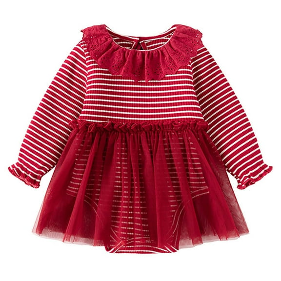 Newborn Onesies Dresses 0-3 Months Girls Ruffle Hem Tulle Striped Sweater Dress Long Sleeve Fall Casual Cute Baby Outfits Red 6 Months