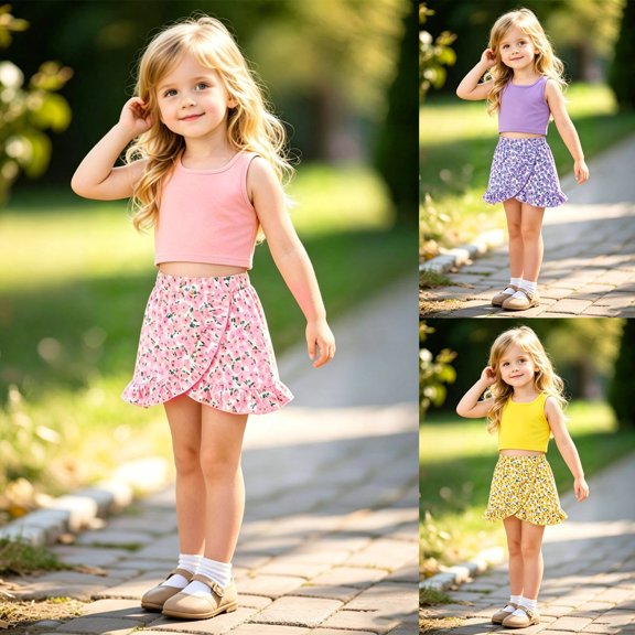 Toddler Girl 2 Piece Floral Print Outfits Solid Sleeveless Crop Tank Ruffle Hem Skirt Set Cute Summer Casual Wear