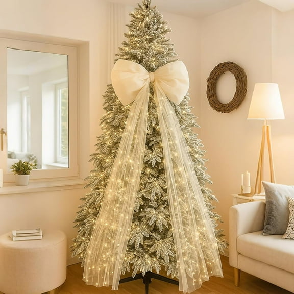 EP 49 Inches Christmas Tree Topper Bow Large Fluffy Tulle Christmas Bow for Car Giant Wreath Wall Decor with Long Streamers for Xmas Home Wedding Car Holiday Decor Supplies(White)
