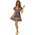 thumbnail image 1 of KAWELL Women’s Summer V-Neck Wrap Short Sleeves Boho Floral Print Ruffle Swing A Line Beach Mini Dress with Belt, 1 of 6