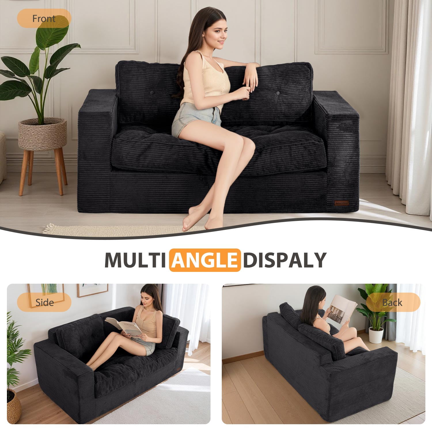 BYBYME Bean Bag Chair Sofa for Adults,Giant Large Loveseat Boneless Couch with Tufted Cushion & Backrest,Comfy Chair Lazy Sofa for Bedroom Living Room,Black