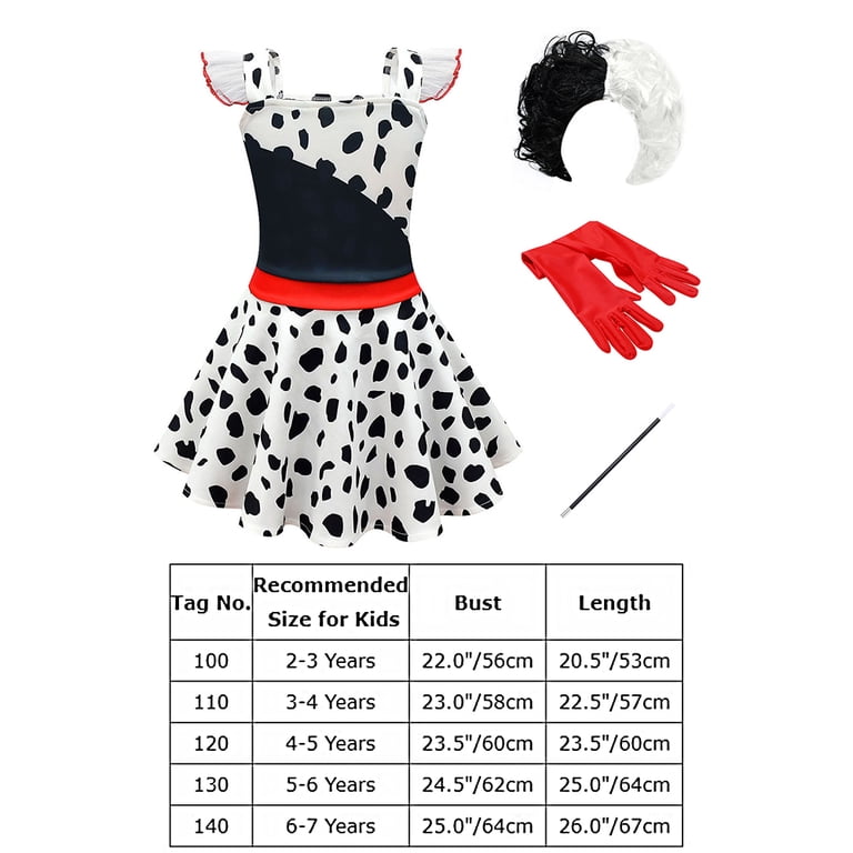 IDOPIP Cruella Deville Costume for Girls Kids Halloween Fancy Dress up  Cosplay Black White Dalmatian Dog Dress with Wigs Gloves Cigarette Holder  Outfit 4-5 Years Ruffle Sleeve