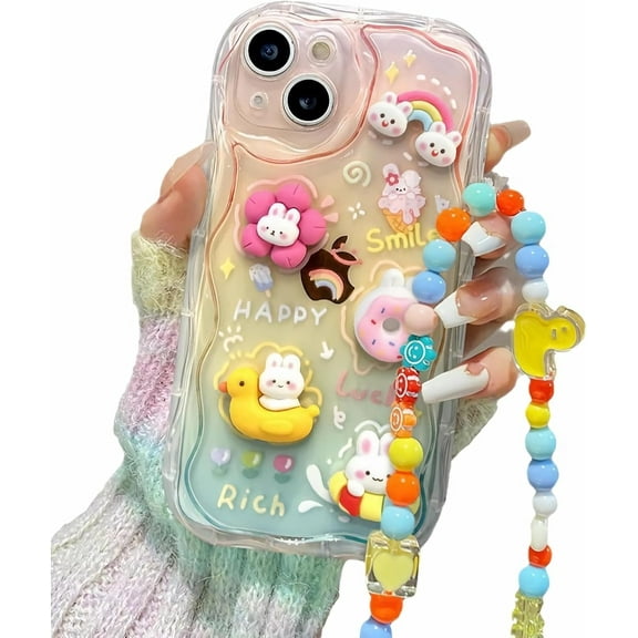Compatible with iPhone 14 Case Cute Cartoon 3D Rabbit with Cute Chain Design for Girls Teen Women Kawaii Shockproof Protective Case iPhone 14