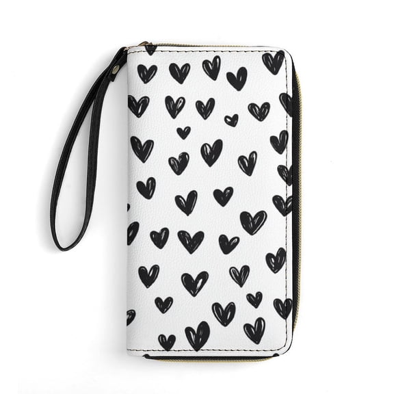 Womens Wallet Bifold Ladies Cluth Bag Wristlet Wrist Strap Long Purse Black Heart Design