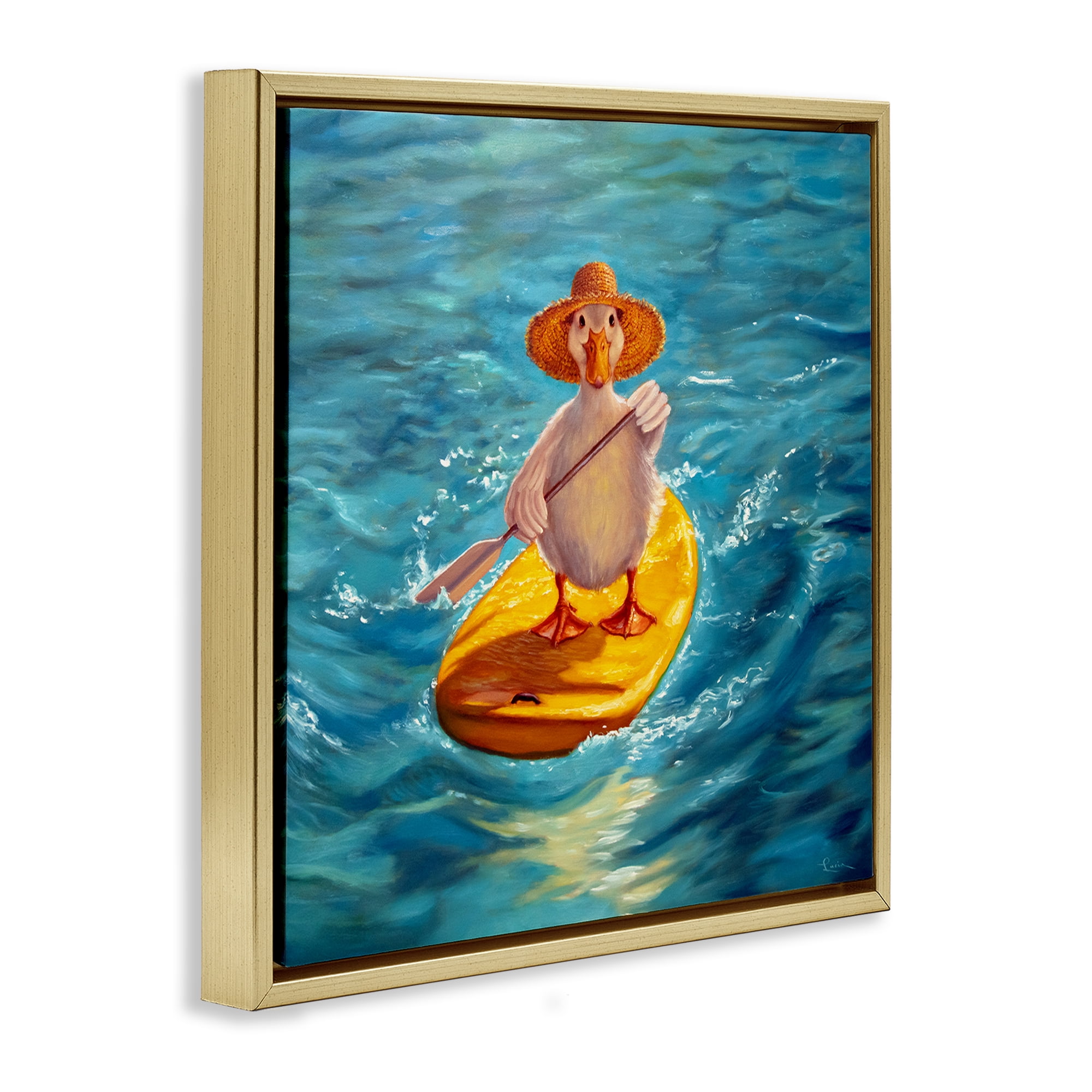 Stupell Industries The Paddler Duck with Straw Hat Gold Framed Floater Canvas Wall Art, design by Lucia Heffernan