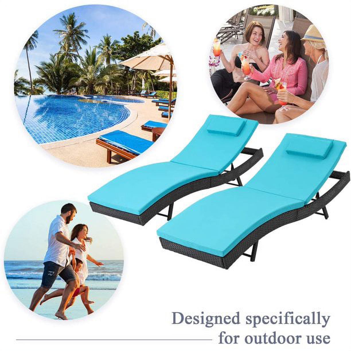 SOLAURA Patio Chaise Lounge Adjustable Black Wicker Reclining Chairs Set of 2 with Blue Cushions - image 2 of 6