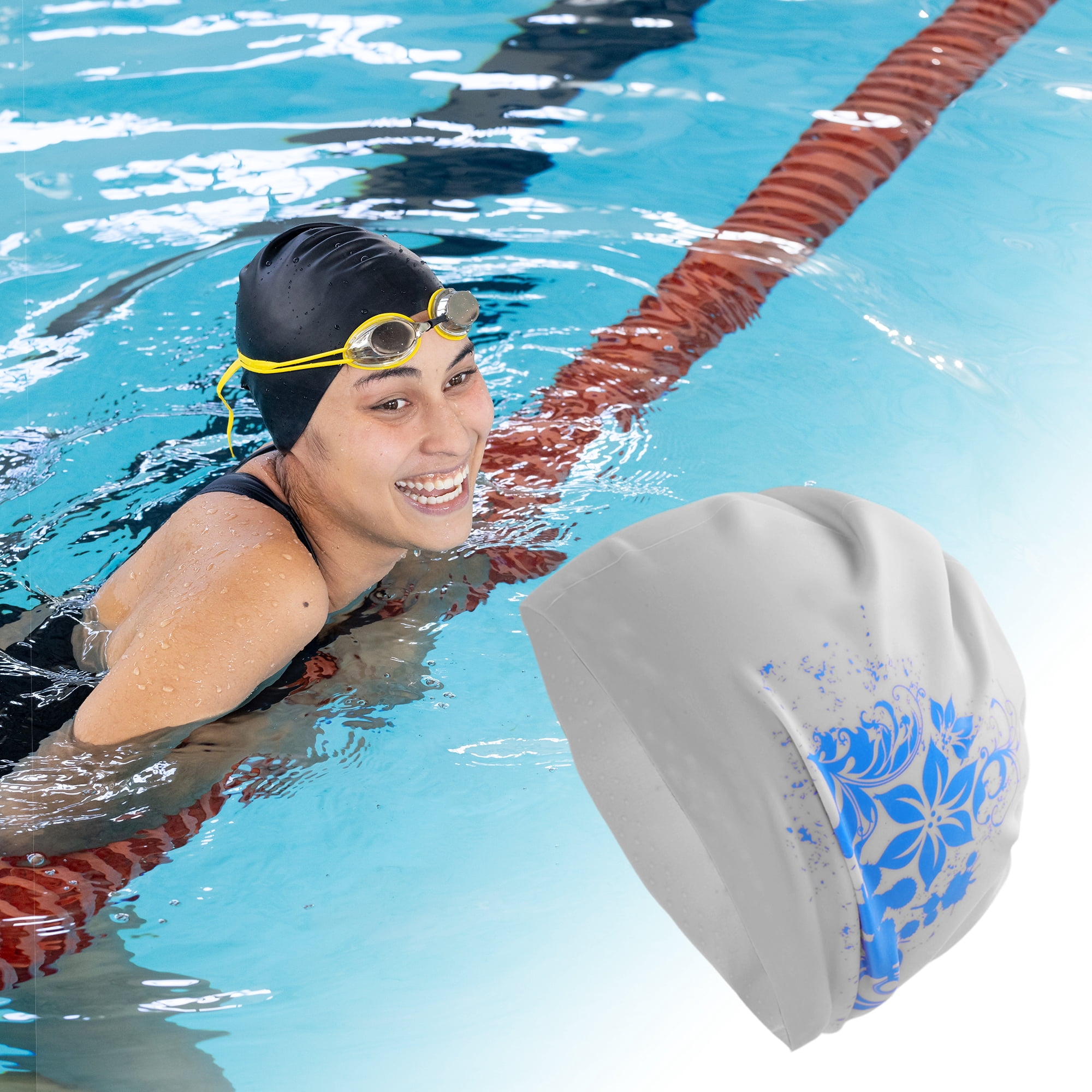 Unique Bargains Floral Pattern Swim Cap 1Pc Gray