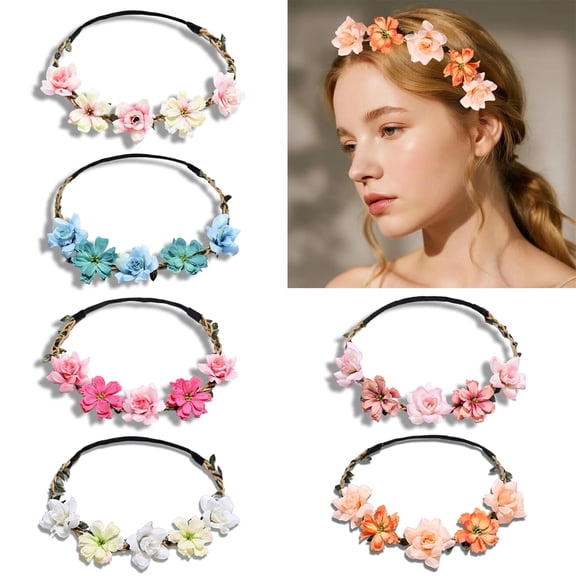 6PCS Flower Crown Headbands Flower Headbands for Women Girls, Multicolour Flower Hair Wreath Floral Headpieces Festival Hair Accessories for Wedding Party Festival