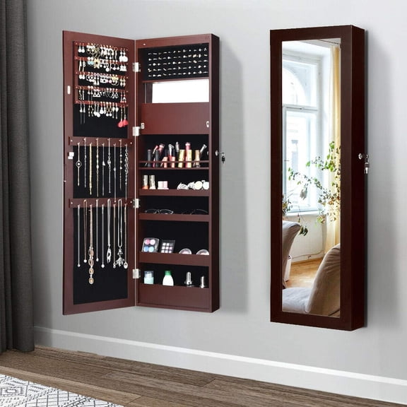 DORTALA Wall Mounted Jewelry Cabinet, Lockable Door Hanging Jewelry Armoire w/ 12LEDs, Space Saving Makeup Jewelry Organizer, Jewelry Display Cabinet w/Full Length Dressing Mirror, Brown