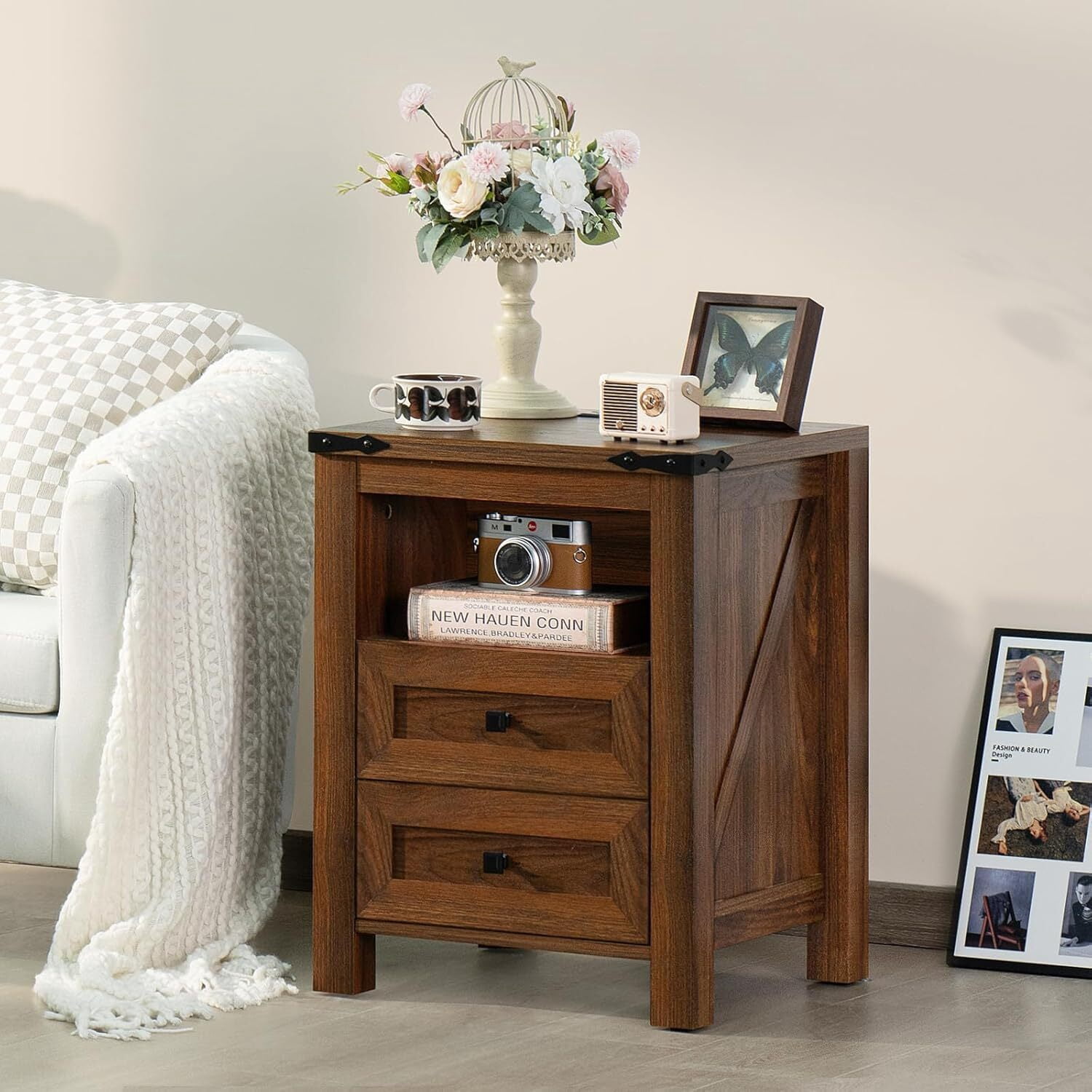 Joaxswe Nightstand Set of 2 with Charging Station, Bedside Table with 2 Drawers, Bed Side Tables for Bedroom, Modern Farmhouse Nightstands End Table for Living Room, Brown