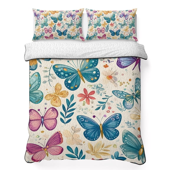 Queen Quilt Set 90''x96'', Spring Butterflies Lightweight Summer Bedspread Coverlet Set with 2 Pillow Shams, Summer Countryside Leaf Flowers Breathable All Season Quilt Bedding for Bedroom/Guest Room