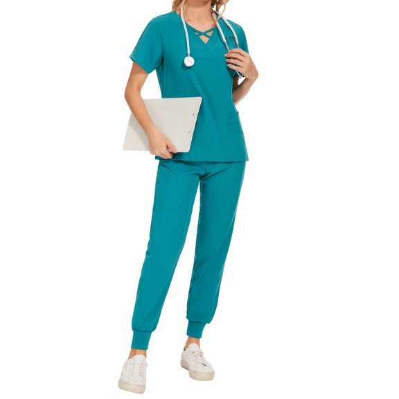 2 Piece Modern Frosted Solid Color Suit for Doctor Nurse Physician Dentist Women's Work Uniform Cross Collar 2 Pockets Frosted Top and Frosted Bottoms Breathable and Comfortable Healthcare Uniform