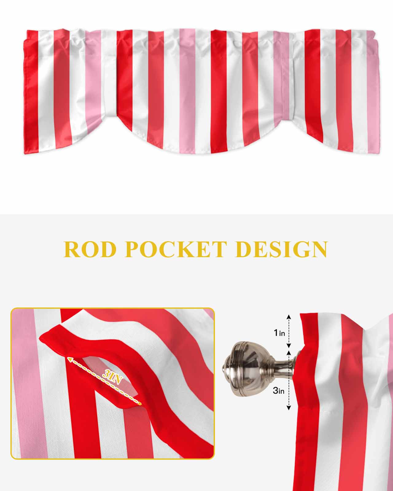 Red Pink Ombre Stripes Tie Up Valances Curtain, Adjustable Kitchen Minimalist Abstract Vertical Striped Valances for Windows Decor, Rod Pocket Short Curtains Set for Bedroom/Bathroom, 54"x18"