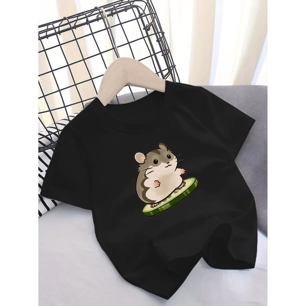 1pc Girls' Cartoon Hamster Print T-Shirt, Cotton Blend Crew Neck Short Sleeve Top, Casual Comfortable Summer Tee with Slight Stretch, Outdoor Activity Appropriate - 95% Cotton, 5% Spandex