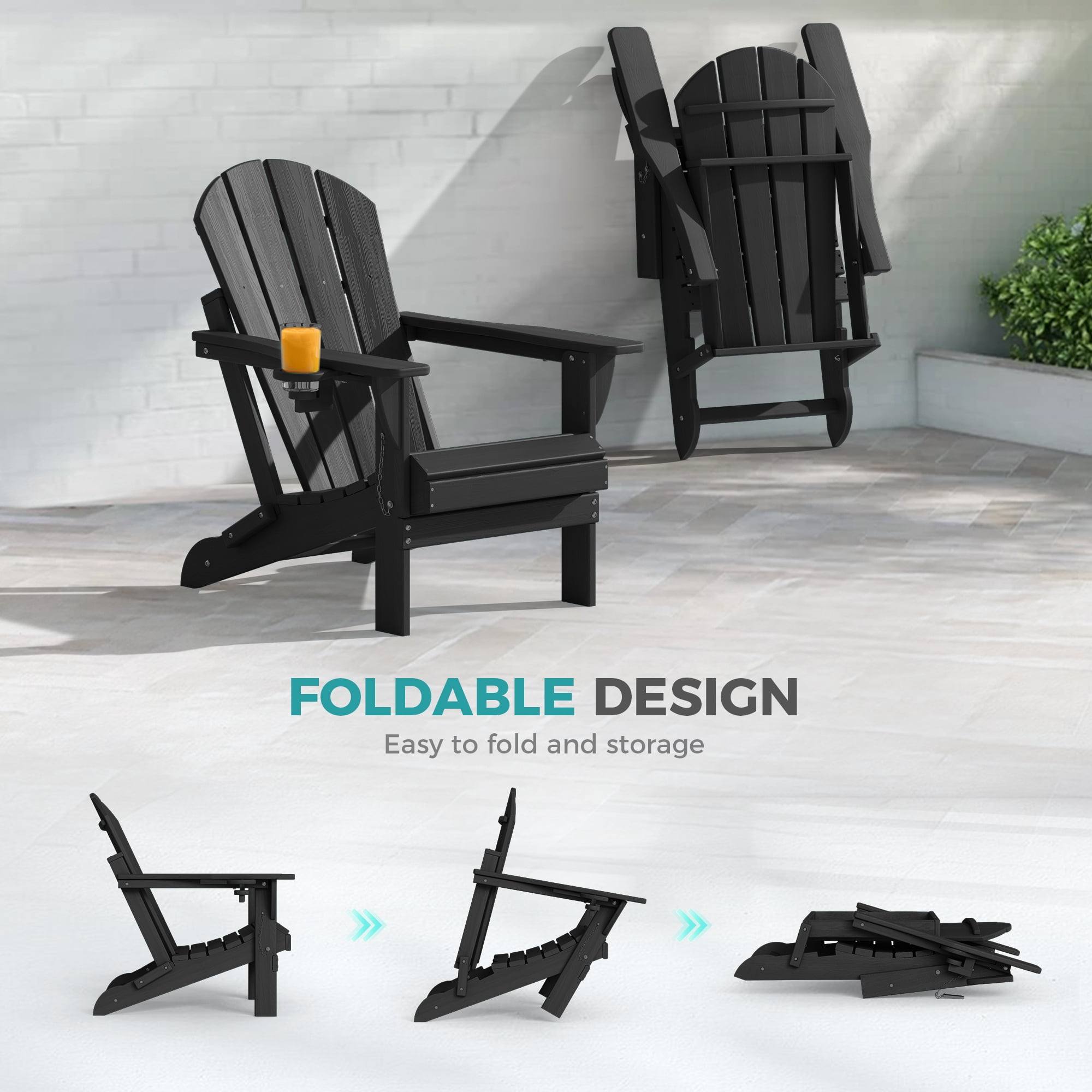 Folding Adirondack Chair, Heavy Duty HDPE Plastic Fire Pit Patio Chair, Black