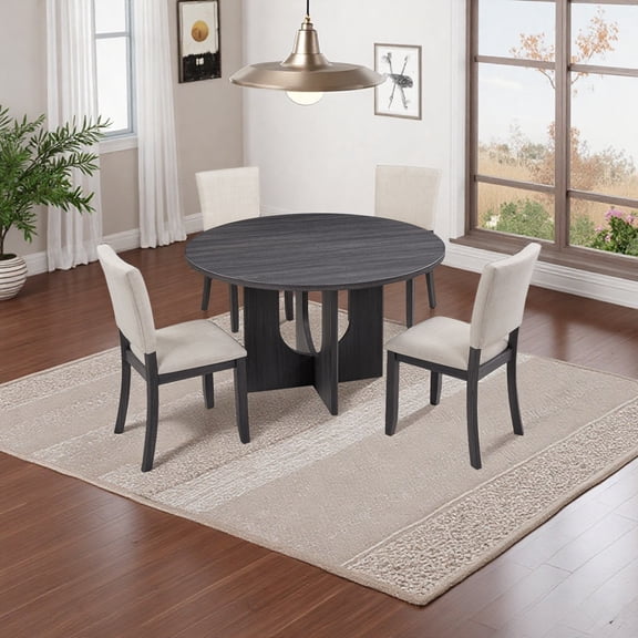 47.3" Round Dining Table Set with 4 Upholstered Chairs, 5-Piece Modern Circular Kitchen Table Set for 4-6 People, Antique Black & Beige Dining Room Furniture