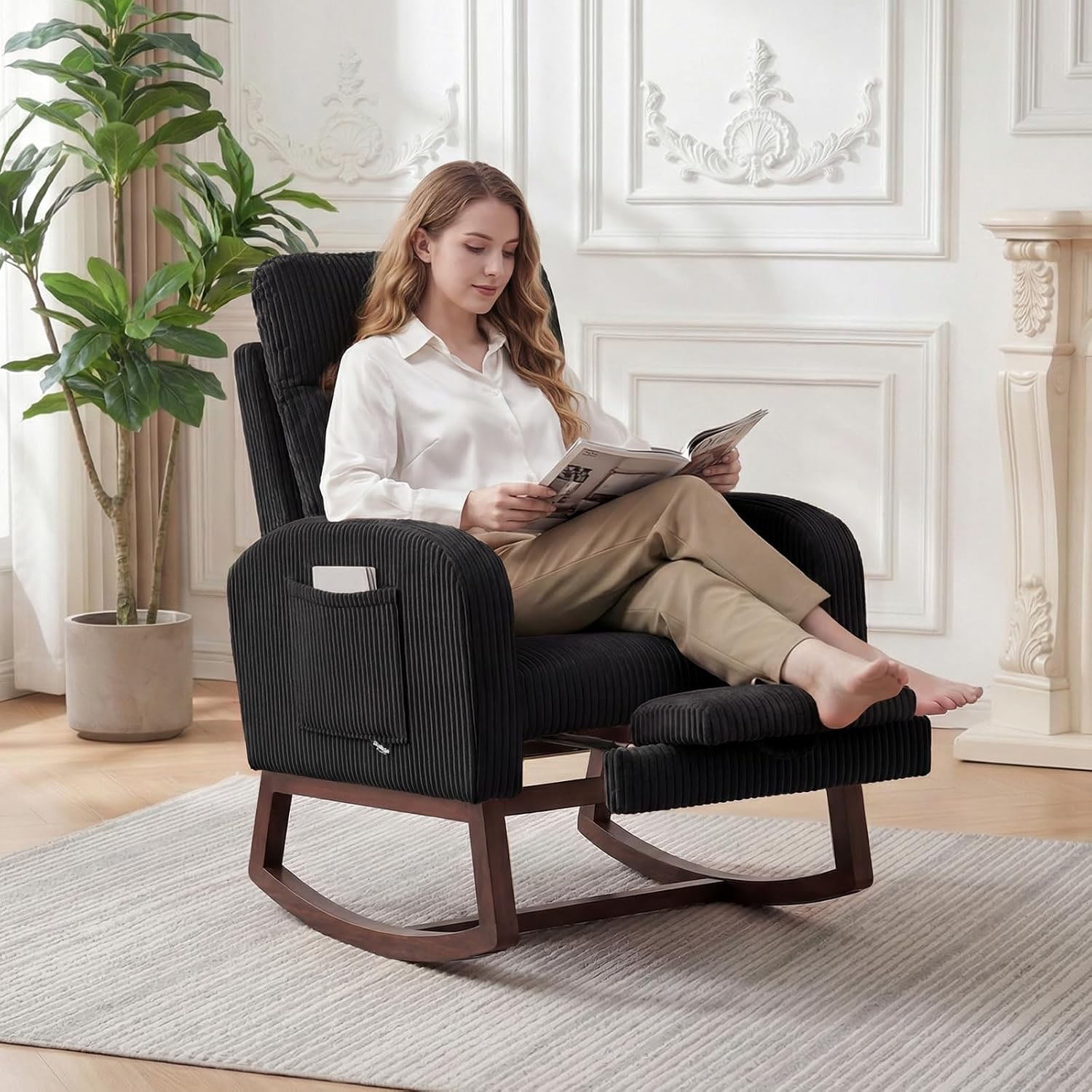 Gaderth Nursery Rocking Chair, Comfortable Glider Roking Chair, Glider Chair with Two Side Pockets, Corduroy Upholstered Glider Rocker with Footrest & High Backrest for Living Room, Bedroom
