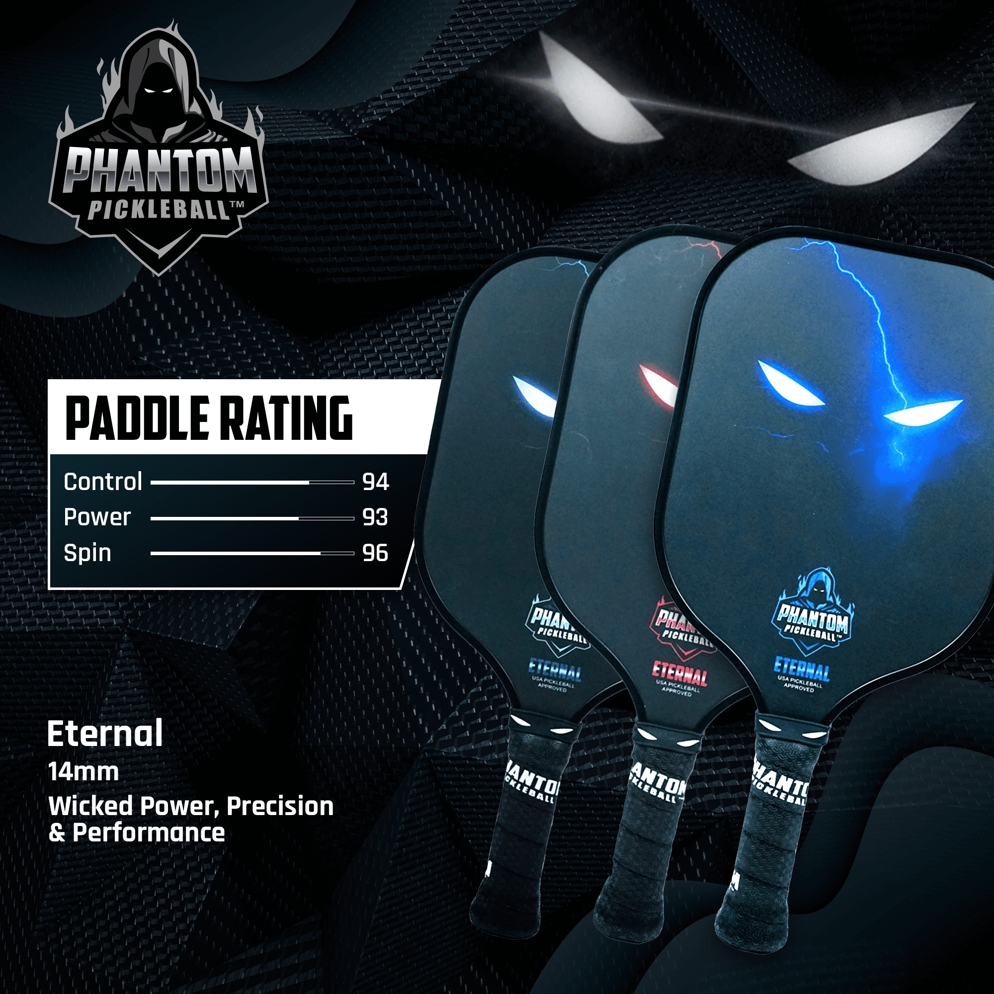 Phantom Eternal (Blue) 14mm T700 Carbon Fiber Pickleball Paddle with Cover