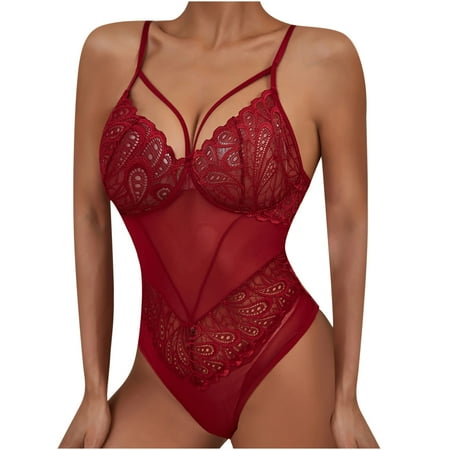 

Odeerbi One Piece Lingerie for Women Fashion Sexy Solid Color Back Hollow Lace Set Red