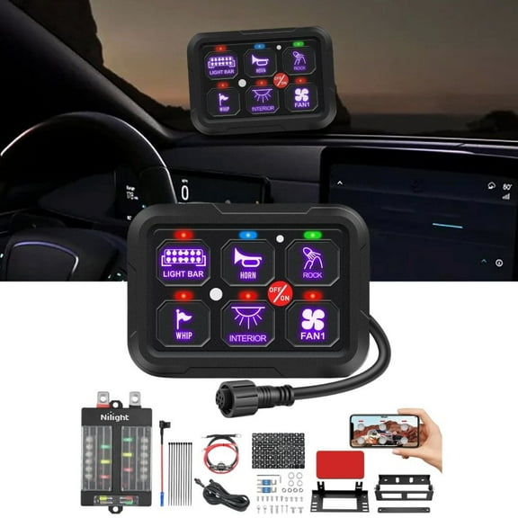 Nilight 6 Gang Switch Panel 12V 24V Universal Circuit Control Relay System with RGB Backlight APP Fuse Wiring Harness Automatic Dimmable ON Off LED Switches Pod for Car Pickup Truck Camper SUV