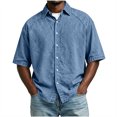 thumbnail image 3 of Men's Short Sleeve Button Down Shirt Casual Henley Top Quick Dry Breathable Stretch Cotton Feel Solid Color Turndown Collar Daily Work Beach Vacation | Zenithor,Blue L, 3 of 8