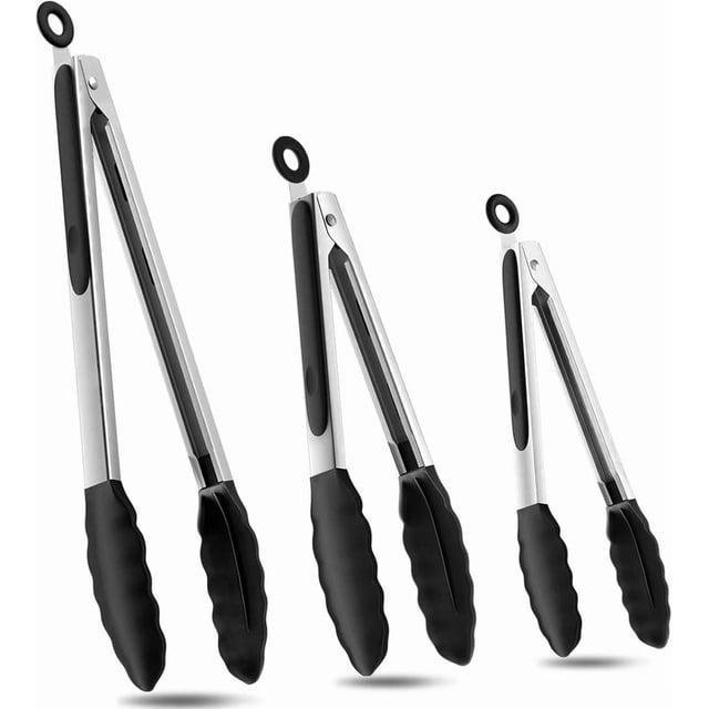 Juego de 3 Pinzas de Cocina de Acero Inoxidable con Punta de Silicona Resistente al Calor y Mecanismo de Bloqueo para Parrilla