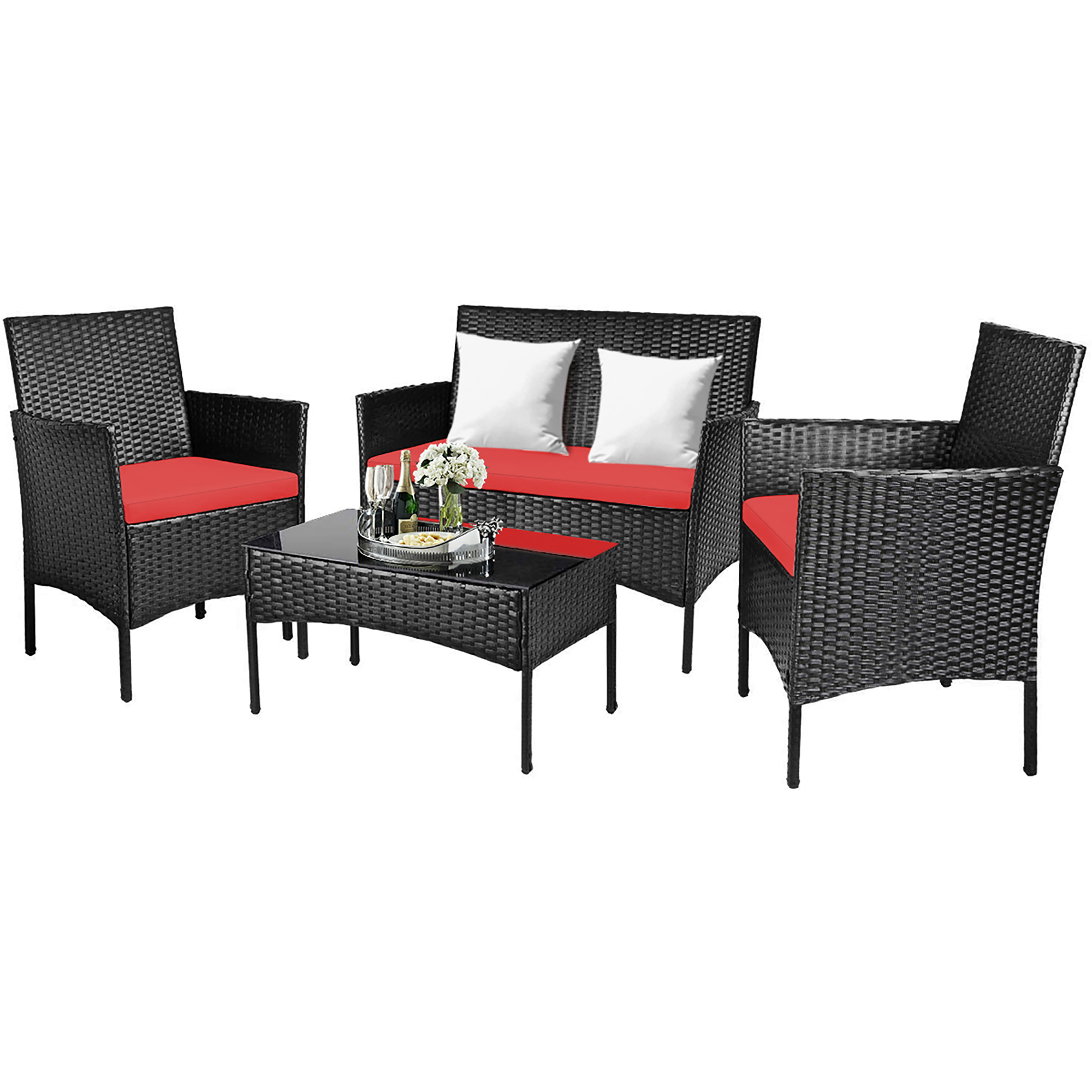 Costway 4PCS Rattan Patio Furniture Set Cushioned Sofa Chair Coffee Table Red - image 3 of 10