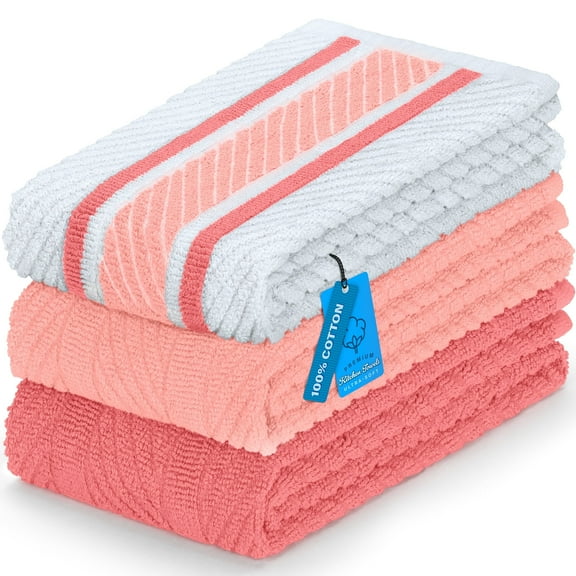 DecorRack Kitchen Towels Set, 16 x 27" Large Dish Towels, Drying Dish Cloths 100% Cotton, Pink Set (3 Pack)