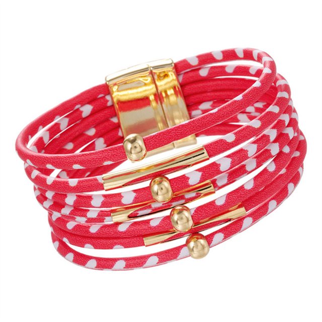 yingyy Bracelet Multi-layers Magnetic Buckle Leather Multi-colored Leopard Print Bangle Party Decoration Wristband Jewelry Red 1Set