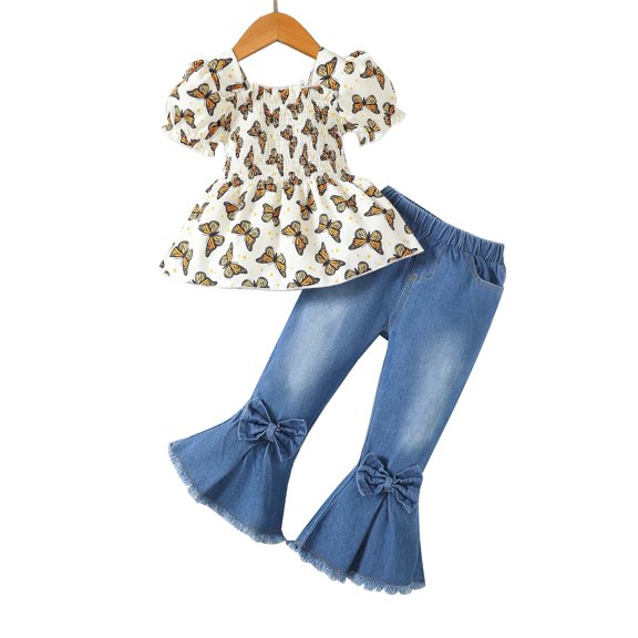 Yaoqi 5T Toddler Girl Outfit Set 6T Child Girls Clothes Puff Short Sleeves Butterfly Top Bowknot Flared Denim Pants 2pcs Clothing Apricot