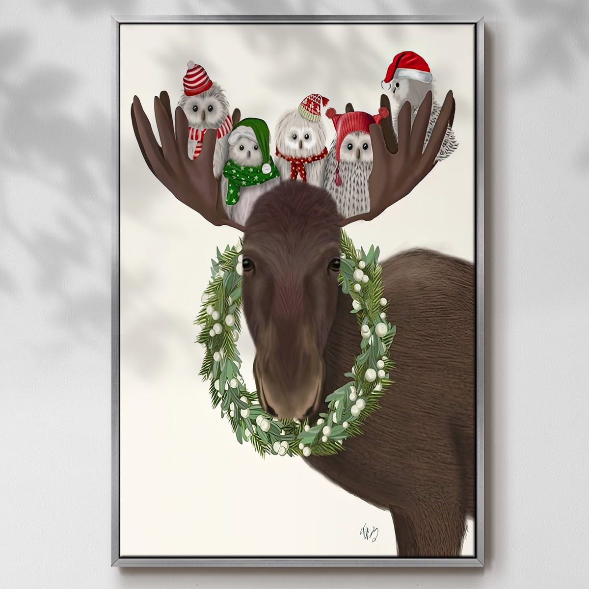 Christmas Moose and Christmas Owls - Framed Gallery Wrapped Holiday Canvas - 17 x 25 - Silver Frame