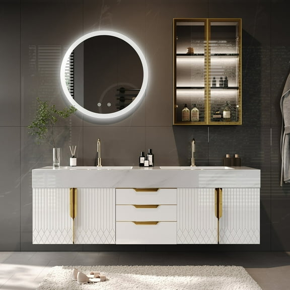 Aro Series Bathroom Vanity Set 59" Modern Floating Bathroom Vanity White with Sink